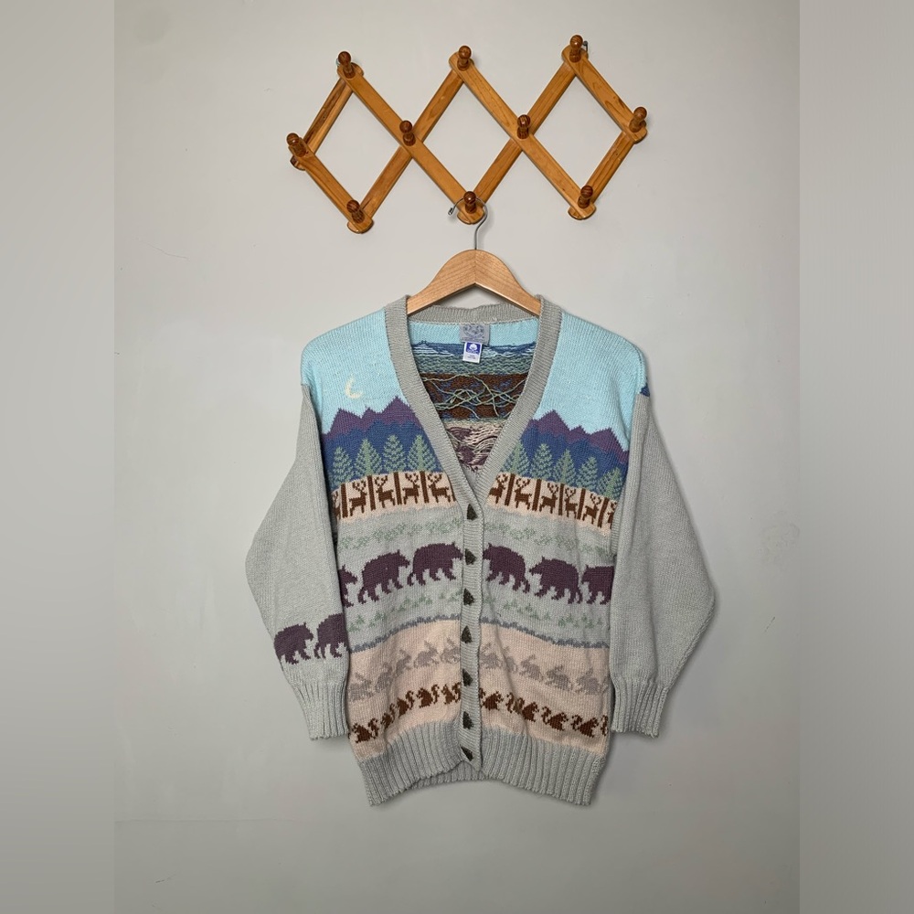 Vintage 1987 Blueberry Woolens Creatures of the Forest Cardigan Sweater SZ M